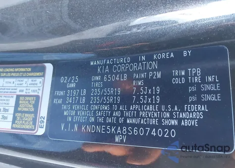 2025 Kia Carnival Mpv Hybrid Sx z USA, uszkodzony, nr VIN KNDNE5KA8S6074020